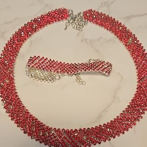 RED Rhinestone Necklace with matching Bracelet